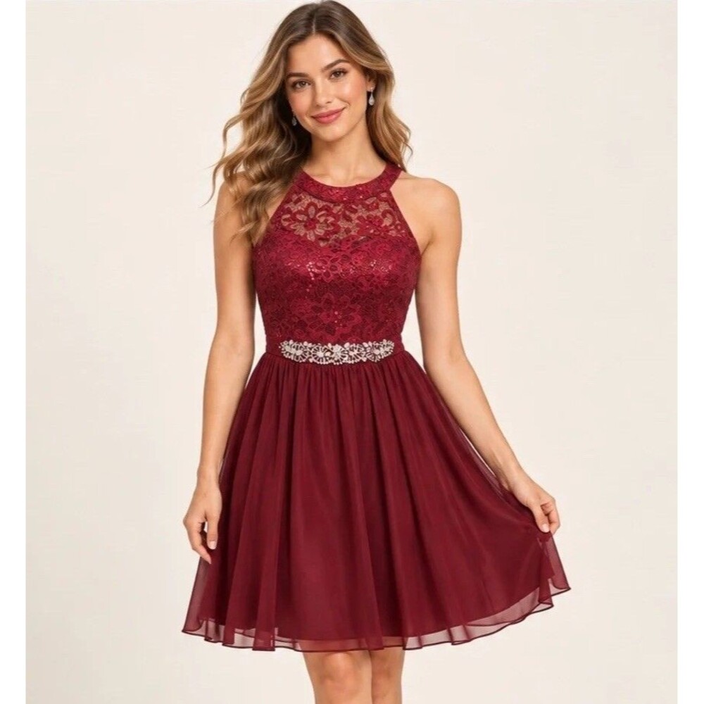 BCX Burgundy Sequin Lace Halter Chiffon Short Party Dress Size 5 Knee Length